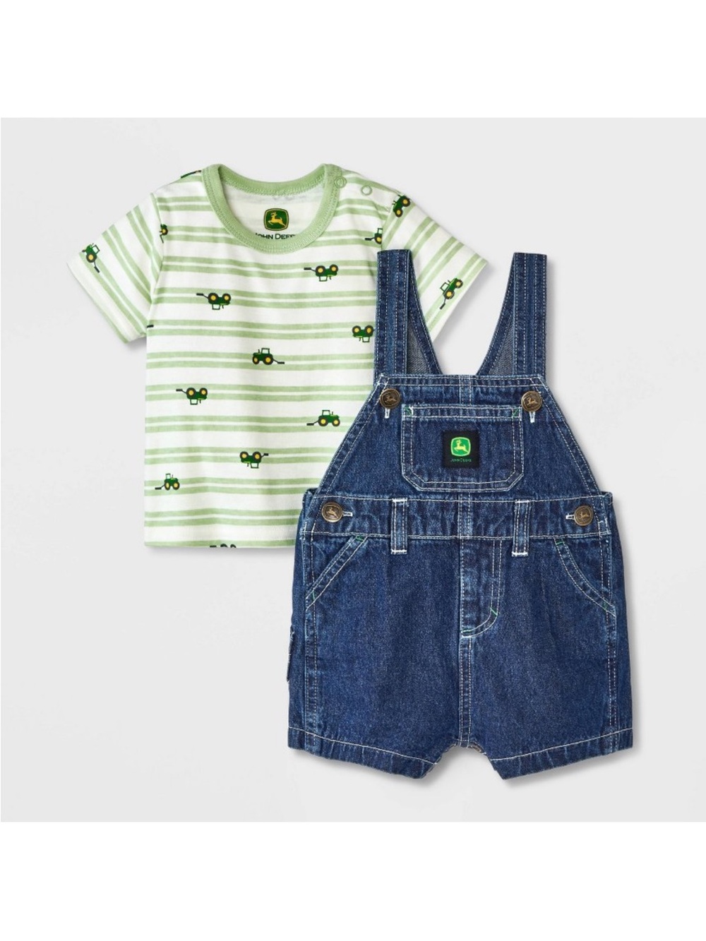John Deere Green & Blue Tractor Stripe Tee with Denim Shortall Set